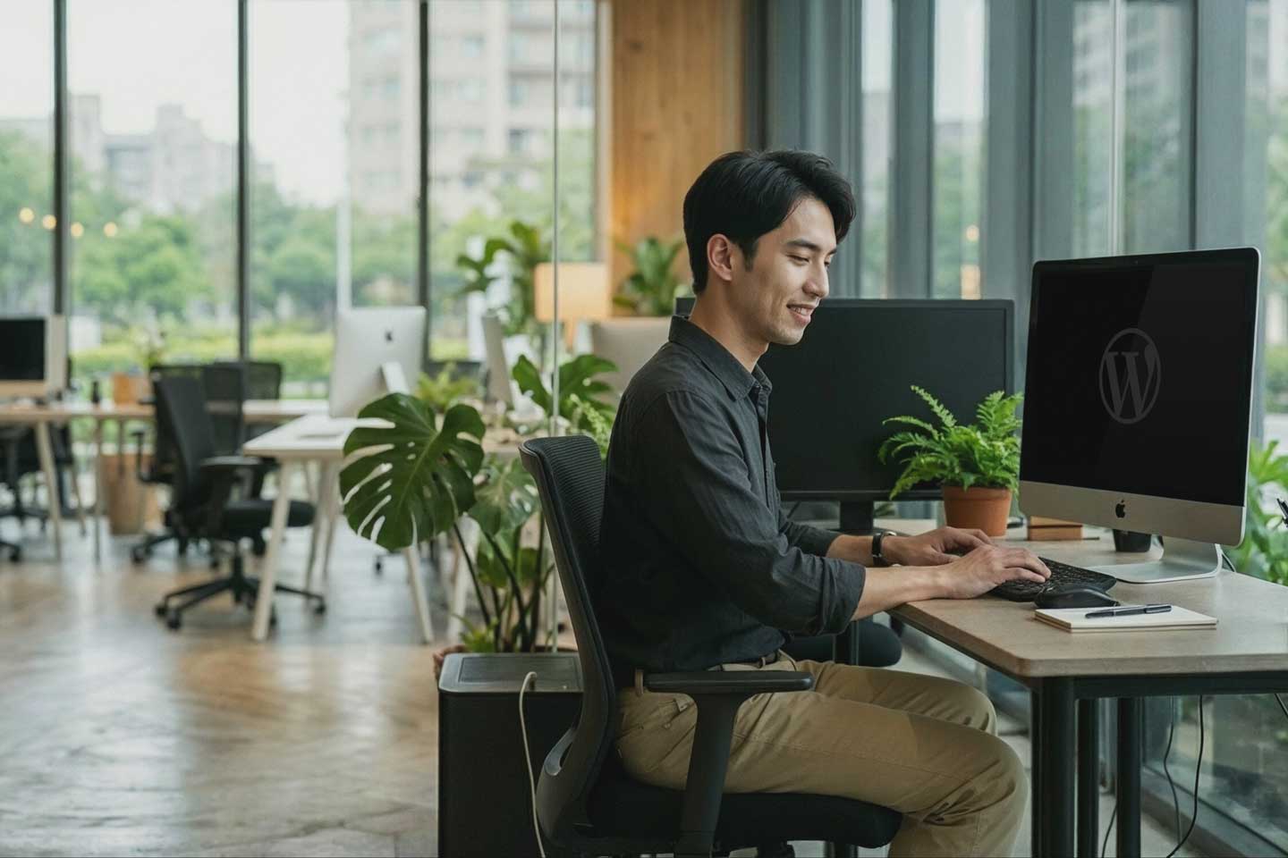 畫面中電腦螢幕顯示 WordPress 介面，象徵當前主流網站建置系統，也呼應「WordPress 市占率高」的市場現況。這樣的工作場景正是專業網頁設計公司日常縮影，展現從品牌策略、視覺設計到系統開發的整合能力。以 2.5D品牌顧問 為例，長期專注於品牌與網站整合規劃，採用 WordPress 作為核心架構，協助企業打造兼具設計美感與搜尋效能的網站。當企業搜尋網頁設計公司推薦時，除了關注設計風格，更應重視平台穩定性與後續管理彈性。照片中的專注神情與專業環境，象徵透過優質設計與系統整合，讓品牌在競爭激烈的數位市場中穩健成長，真正實現設計與商業價值的結合。
