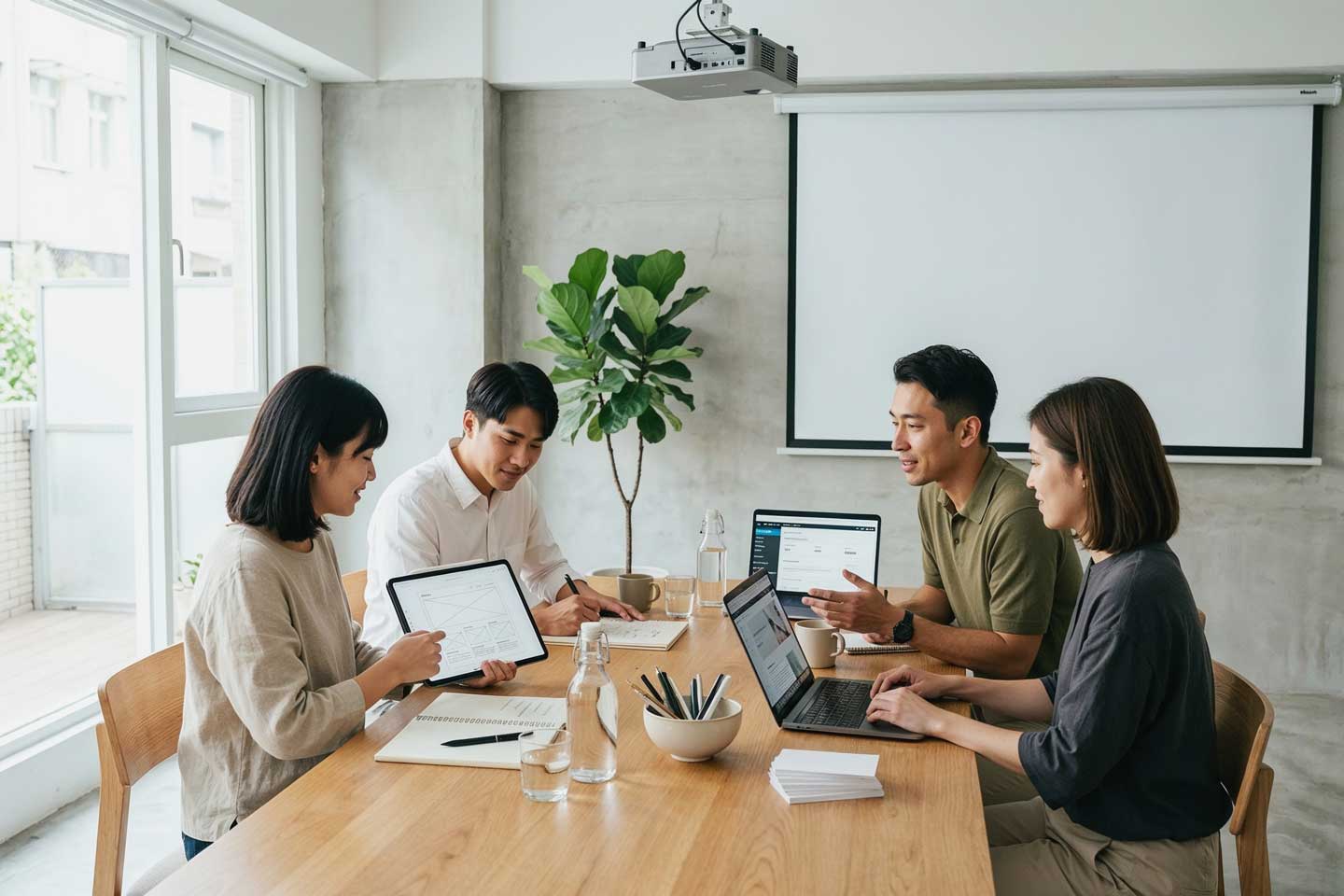 此圖呈現專業團隊進行網站上線測試與交付流程的協作情境，從介面設計檢視、功能驗證到跨裝置測試，確保網站穩定與品質。透過設計公司推薦的標準流程，有效提升專案效率與溝通精準度，打造兼具效能與體驗的網站，展現完整設計價值。