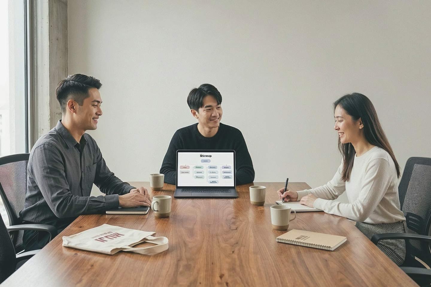 3位公司團隊挑選網頁設計公司討論，電腦顯示網頁設計架構圖